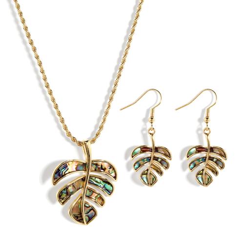 Abalone Shell Smykker Set, ørering & halskæde, med jern kæde & Zinc Alloy, Leaf, forgyldt, 2 stykker & for kvinde & hule, flere farver til valg, Solgt af sæt