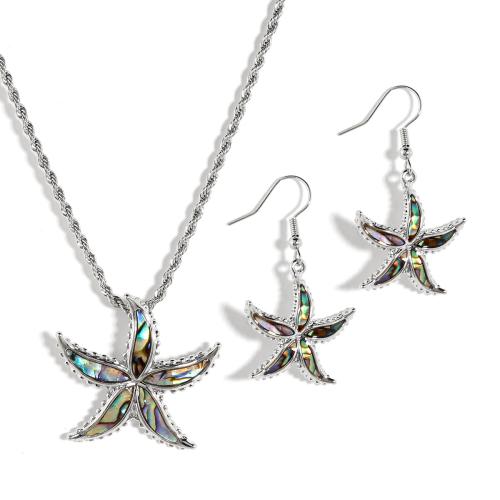 Abalone Shell Smykker Set, ørering & halskæde, med jern kæde & Zinc Alloy, Starfish, forgyldt, 2 stykker & mode smykker & for kvinde, flere farver til valg, Solgt af sæt