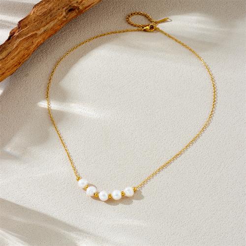 Rustfrit stål smykker halskæde, 304 rustfrit stål, med Shell Pearl, guldfarve belagt, mode smykker & forskellige stilarter for valg & for kvinde, Solgt af PC