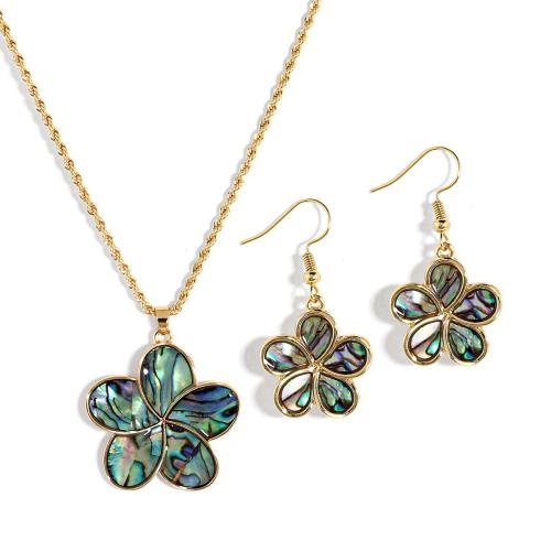 Abalone Shell Smykker Set, sweater halskæde & ørering, med jern kæde & Zinc Alloy, Flower, forgyldt, 2 stykker & mode smykker & for kvinde, flere farver til valg, Solgt af sæt