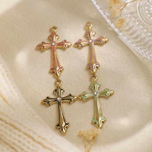 304 Stainless Steel Pendant Cross gold color plated DIY & enamel & with rhinestone nickel lead & cadmium free Sold By Bag