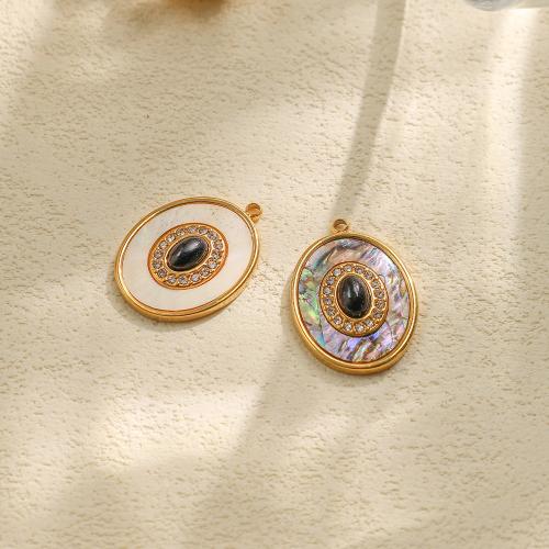 304 Stainless Steel Pendant with White Shell Ellipse gold color plated DIY & with rhinestone nickel lead & cadmium free Sold By Bag