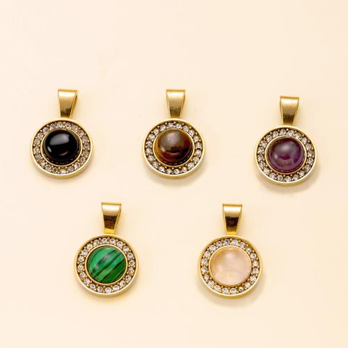 304 Stainless Steel Pendant with Natural Stone Round gold color plated DIY & with rhinestone Sold By PC