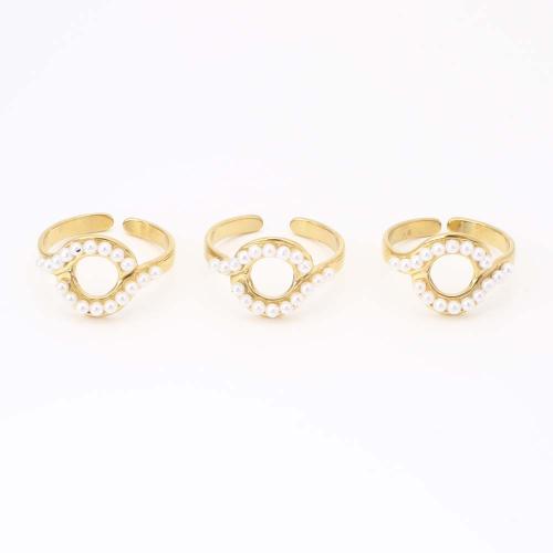Rozsdamentes acél Finger Ring, 304 rozsdamentes acél, -val Műanyag Pearl, divat ékszerek & a nő, aranysárga, Inner diameter:18mm, Által értékesített PC