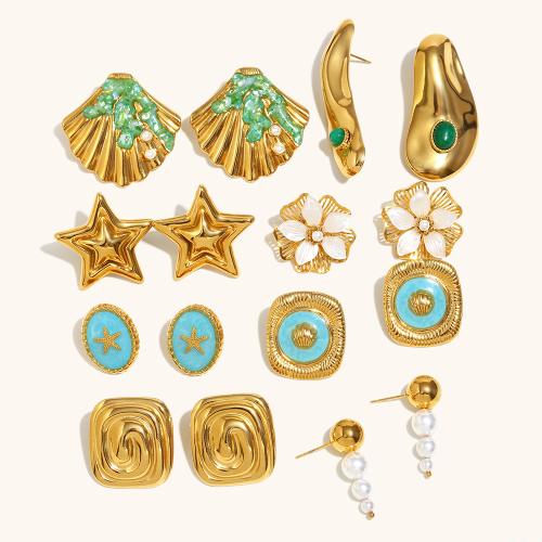 Stainless Steel Stud Earrings 304 Stainless Steel with Natural Stone & Resin & Plastic Pearl Fish gold color plated fashion jewelry & enamel Sold By PC