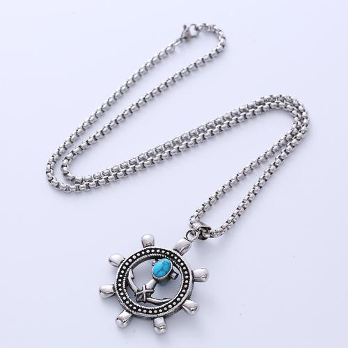 Aço inoxidável 316L colar, with turquesa, Roda de leme, polido, Vario tipos a sua escolha & para o homem & vazio, cor original, Pendant:49X42mm., comprimento 60 cm, vendido por PC