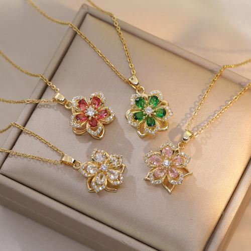 Cubic Zircon Micro Pave Brass Necklace with 5cm extender chain Flower gold color plated rotatable & micro pave cubic zirconia & for woman Pendant : Length 40 cm Sold By PC