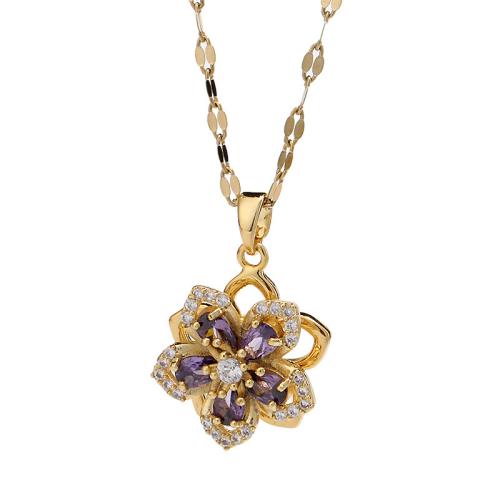 Cubic Zircon Micro Pave Brass Necklace with Cubic Zirconia Flower plated Double Layer & rotatable & for woman & with rhinestone golden Pendant : Length 45 cm Sold By PC