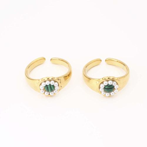 Vinger Ring in edelstaal, 304 roestvrij staal, met Synthetisch + Malachiet & Plastic Pearl, mode sieraden & voor vrouw, gouden, Inner diameter: 17mm, Verkocht door PC