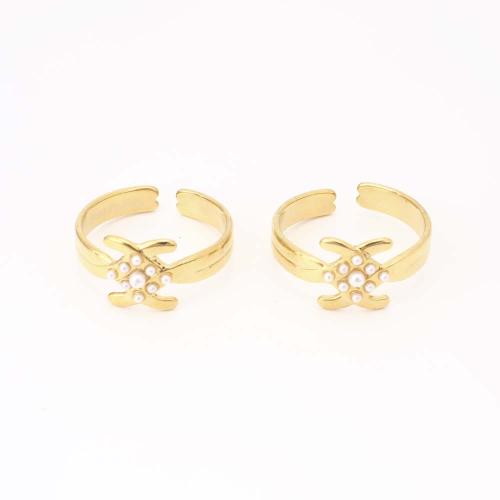 Vinger Ring in edelstaal, 304 roestvrij staal, met Plastic Pearl, mode sieraden & voor vrouw, gouden, Inner diameter: 18mm, Verkocht door PC
