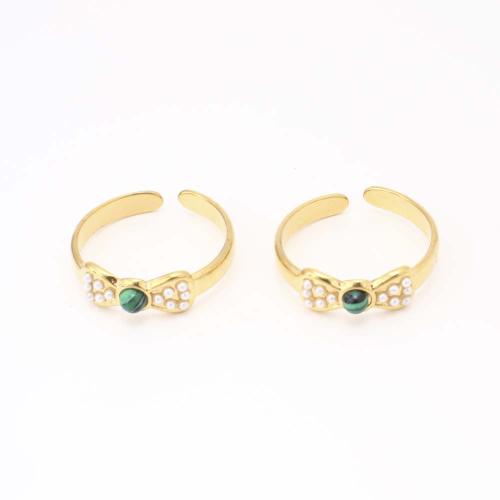 Anello in acciaio inox, 304 acciaio inox, with Sintetico - Malachite & perla in plastica, gioielli di moda & per la donna, dorato, Inner diameter: 17mm, Venduto da PC