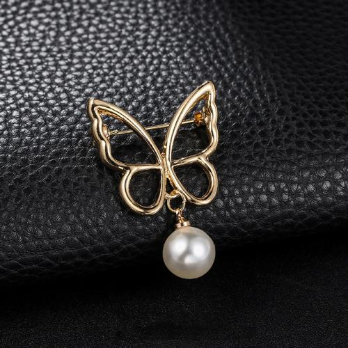 lega in zinco spilla, with perla in plastica, Farfalla, placcato color oro, per la donna & cavo, 29x42mm, Venduto da PC