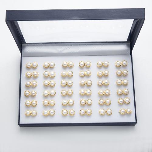 Natürliche kultivierte Süßwasserperlen Ohrstecker, mit Legierung, goldfarben plattiert, Modeschmuck, weiß, 12x12mm, 36PaarePärchen/Box, verkauft von Box