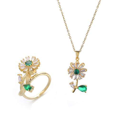 Brass Jewelry Set Sunflower gold color plated rotatable & micro pave cubic zirconia & for woman Sold By PC