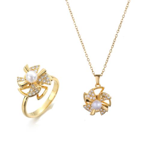 Messing Sieraden set, met Plastic Pearl, Pinwheel, draaibare & verschillende stijlen voor de keuze & micro pave zirconia & voor vrouw, gouden, Verkocht door PC
