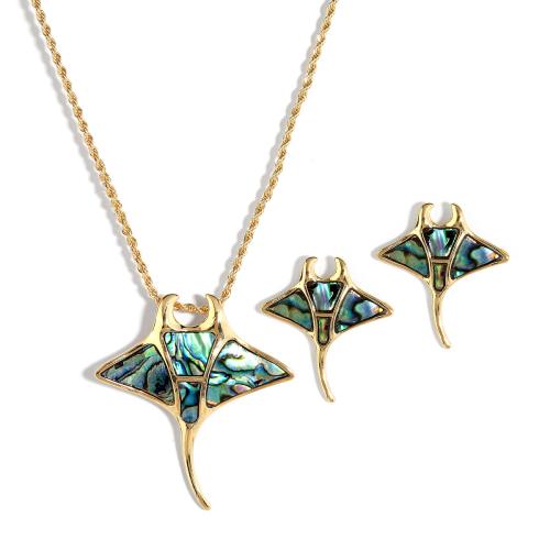 coquille d'ormeau parure de bijoux, Boucle d’oreille stud & collier, avec chaîne de fer & alliage de zinc, Placage, 2 pièces & bijoux de mode & pour femme, doré, Vendu par fixé