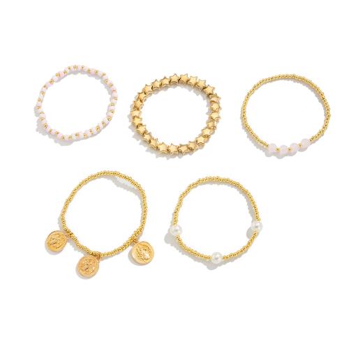 Sinc Alloy Bracelet Socraigh, le Seedbead & Leaisteacha Snáithe & Copper Brataithe Plaisteacha & Pearl Plaisteacha, plátáilte, 5 phíosa & jewelry faisin & do bhean, órga, Díolta De réir Socraigh