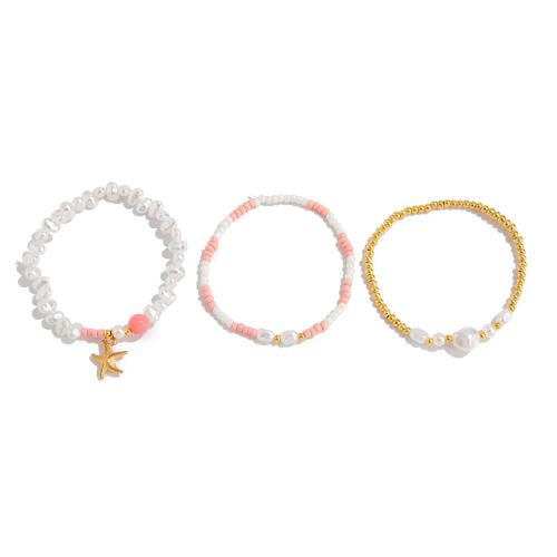 Sinc Alloy Bracelet Socraigh, le Seedbead & Leaisteacha Snáithe & Copper Brataithe Plaisteacha & Pearl Plaisteacha, lámhdhéanta, trí phíosa & stíleanna éagsúla do rogha & do bhean, dathanna measctha, Díolta De réir Socraigh