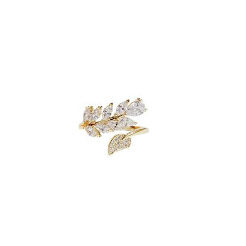 cobre Cuff Ring Finger, Folha, joias de moda & micro pavimento em zircônia cúbica & para mulher, dourado, tamanho:7, vendido por PC