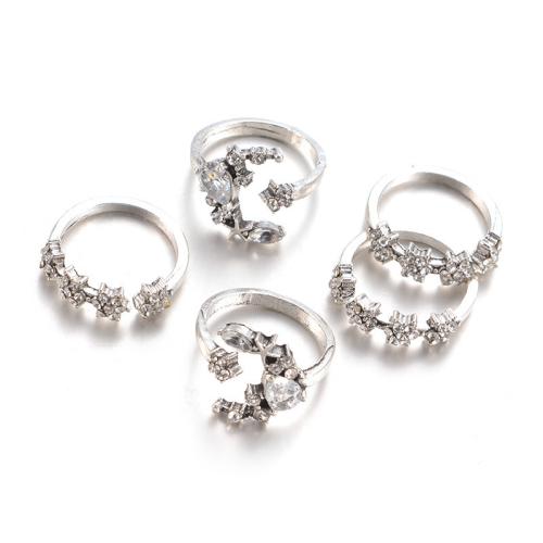 Zinc Alloy ring Set, 5 stykker & for kvinde & med rhinestone, sølv, Størrelse:7, Solgt af sæt