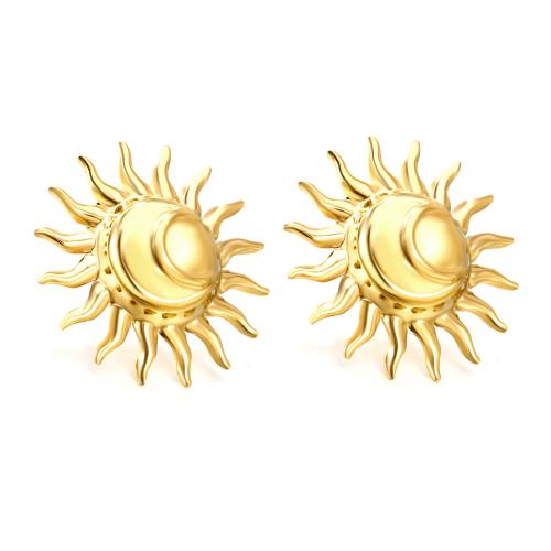 Boucle d'oreille de gaujon en acier inoxydable, Acier inoxydable 304, soleil, Plaqué or 18K, bijoux de mode & pour femme, Vendu par paire