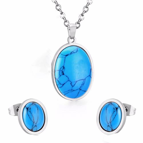 ensemble de bijoux turquoise, Boucle d’oreille stud & collier, Acier inoxydable 304, avec turquoise, Placage, 2 pièces & bijoux de mode & pour femme, plus de couleurs à choisir, Vendu par fixé