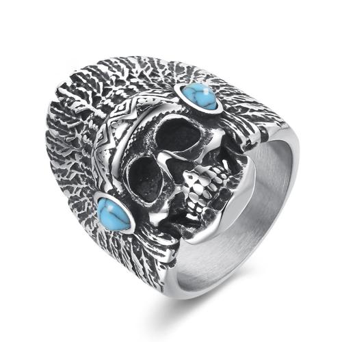 304 rostfritt stål Finger Ring, med turkos, Skull, olika storlek för val & för människan & svärta, ursprungliga färgen, Storlek:7-13, Säljs av PC