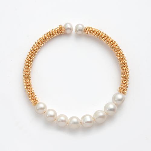 Zoetwater Parel Manchet Bangle, met Legering, Ronde, gold plated, mode sieraden, wit, Binnendiameter:Ca 60mm, Verkocht door PC