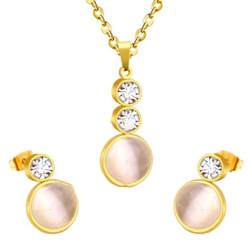 Cubic Zirkonia Ruostumaton teräs korut asetetaan, Nasta korvakoru & kaulakoru, 304 Stainless Steel, kanssa Cubic Zirkonia & Kissat Eye, Pyöreä, päällystetty, 2 kpl & muoti korut & naiselle, enemmän värejä valinta, Myymät set