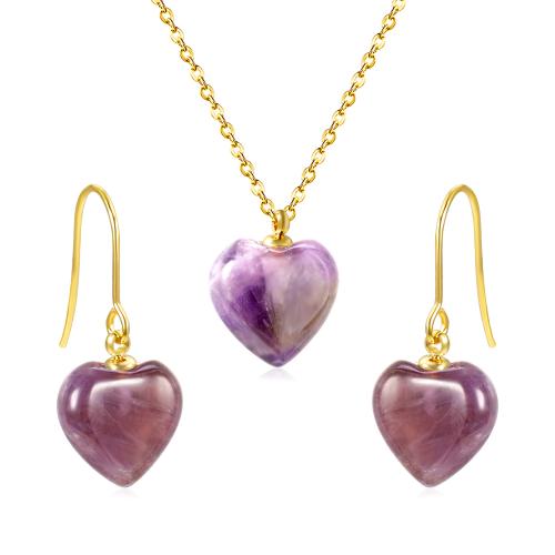 Gemstone šperky Soupravy, náušnice & náhrdelník, 304 Stainless Steel, s Drahokam, Srdce, barva pozlacený, 2 kusy & různé materiály pro výběr & pro ženy, více barev na výběr, Prodáno By nastavit