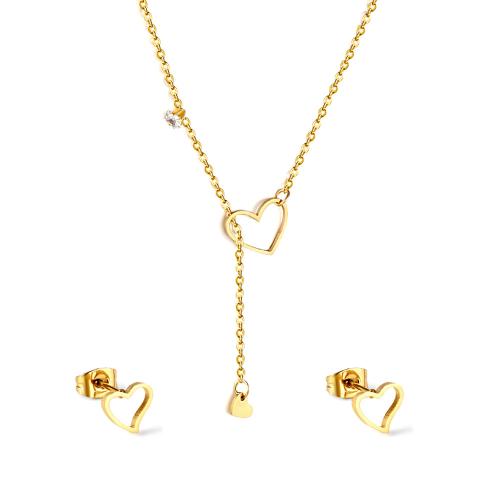 Rhinsten Smykkesæt, Stud ørering & halskæde, 304 rustfrit stål, Heart, guldfarve belagt, 2 stykker & for kvinde & med rhinestone & hule, Solgt af sæt