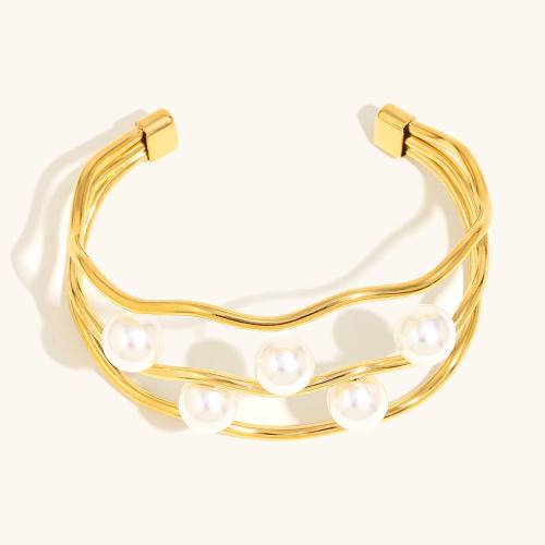 304 roestvrij staal Manchet Bangle, met Plastic Pearl, 18K verguld, drie lagen & mode sieraden & voor vrouw, Verkocht door PC