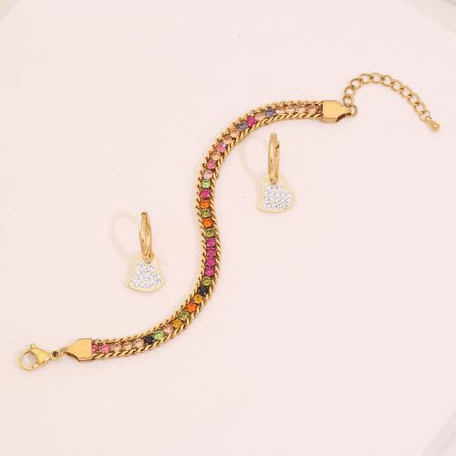 Seiteanna Jewelry rhinestone na, bracelet & earring, 304 Cruach dhosmálta, dath an óir plated, 2 phíosa & do bhean & le rhinestone, dathanna níos mó le haghaidh rogha, Díolta De réir Socraigh