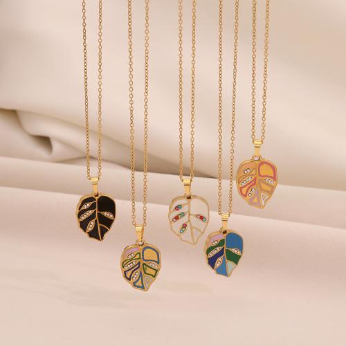 Stainless Steel Jewelry Necklace 304 Stainless Steel Leaf gold color plated for woman & enamel & with rhinestone Sold By PC