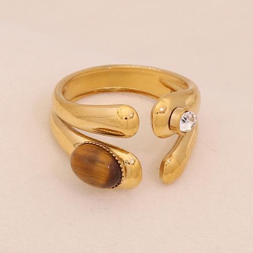 Ruostumaton teräs sormen sormus, 304 Stainless Steel, kanssa Tiger Eye, päällystetty, eri tyylejä valinta & naiselle & tekojalokivi, kultainen, Myymät PC