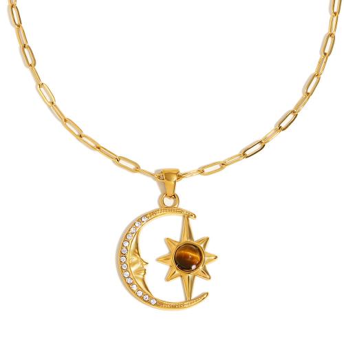 Jalokivi korut kaulakorun, 304 Stainless Steel, kanssa Tiger Eye, Moon ja Star, 18K kullattu, naiselle & tekojalokivi & ontto, Myymät PC