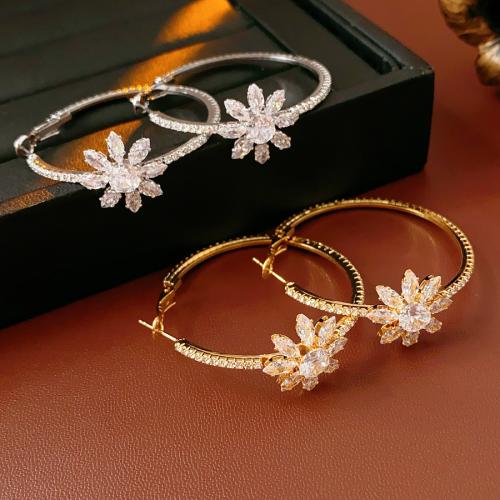 Messing Hoop Earring, Bloem, plated, micro pave zirconia & voor vrouw, meer kleuren voor de keuze, 42x43mm, Verkocht door pair