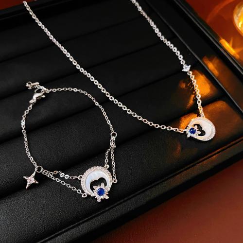 Brass Bracelet and Necklace with White Shell silver color plated & micro pave cubic zirconia & for woman Sold By PC