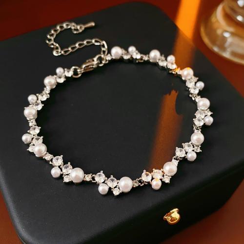Brass Bracelet with Plastic Pearl silver color plated micro pave cubic zirconia & for woman Length Approx 9.3 Inch Sold By PC