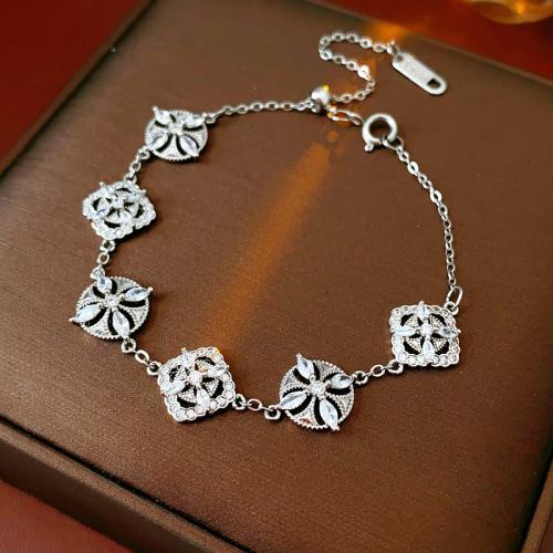 Brass Bracelet Four Leaf Clover silver color plated micro pave cubic zirconia & for woman & hollow Length Approx 8.3 Inch Sold By PC