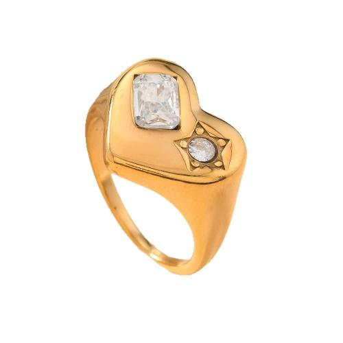 Rhinestone-Edelstahl -Finger-Ring, 304 Edelstahl, plattiert, verschiedene Größen vorhanden & für Frau & mit Strass, goldfarben, verkauft von PC