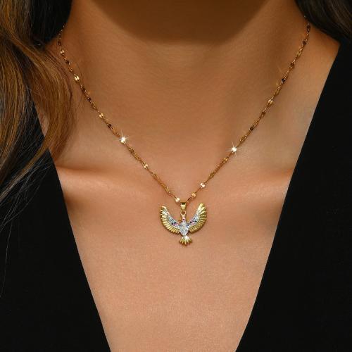 Titanium Steel Necklace with Brass with 2.4inch extender chain Eagle plated micro pave cubic zirconia & for woman Length Approx 15.4 Inch Sold By PC