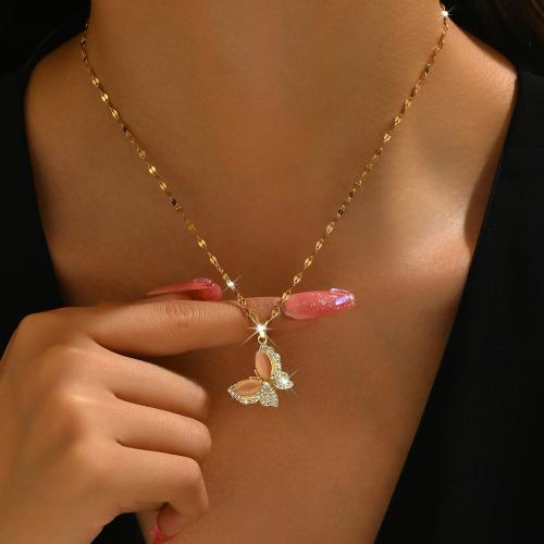 Titanium Steel Necklace with Cats Eye & Brass with 2.4inch extender chain Butterfly plated micro pave cubic zirconia & for woman Length Approx 15.4 Inch Sold By PC