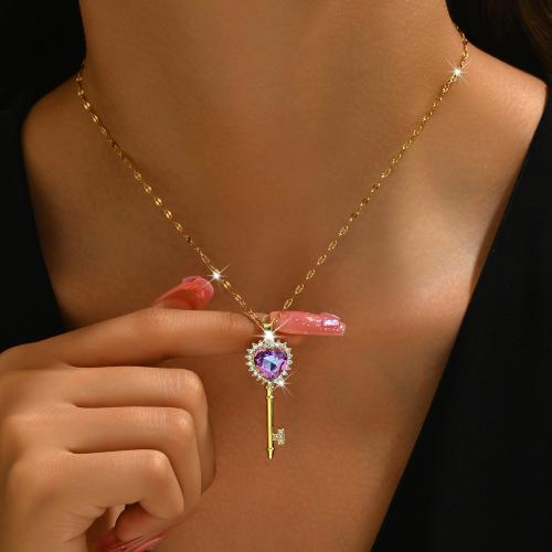 Titanium Steel Necklace with 2.4inch extender chain Key plated & for woman & with rhinestone Length Approx 15.4 Inch Sold By PC