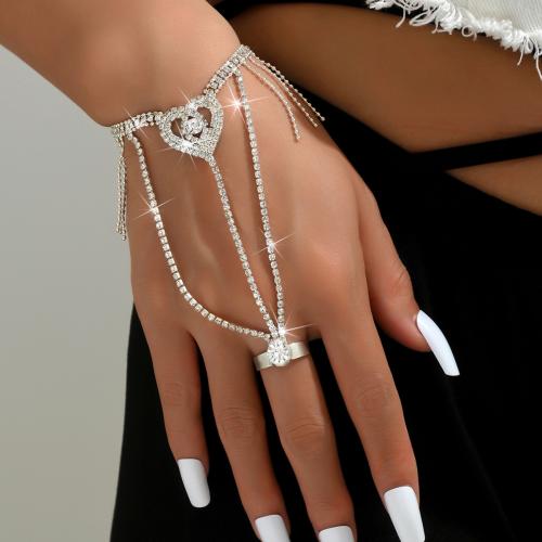 Messing Armbånd Ring, Heart, sølvfarvet forgyldt, for kvinde & med rhinestone, Solgt af PC