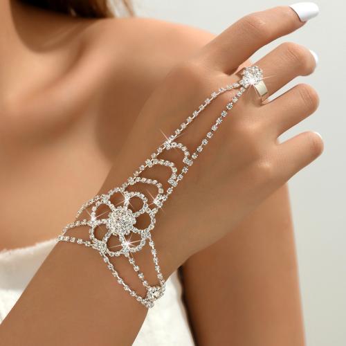 Messing Armbånd Ring, Flower, sølvfarvet forgyldt, for kvinde & med rhinestone, Solgt af PC