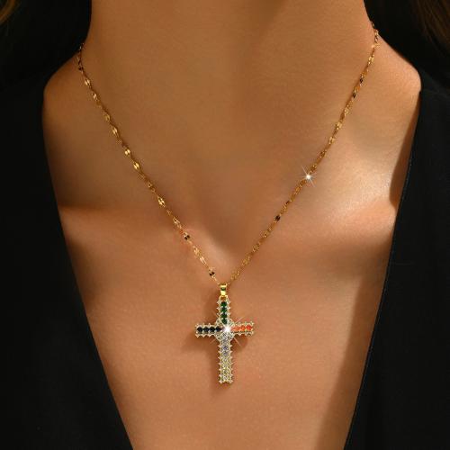 Titan Stål Halsband, med 2.4inch extender kedja, Cross, plated, micro bana cubic zirconia & för kvinna, fler färger för val, Längd Ca 15.4 inch, Säljs av PC