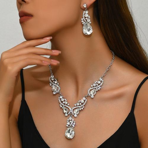 lega in zinco set di gioielli fashion, orecchino & Collana, Lacrima, placcato color argento, 2 pezzi & per la donna & con strass, Venduto da set