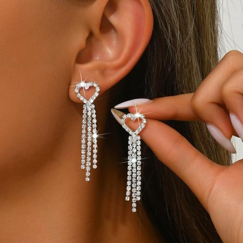 Prás Tassel Earring, Croí, dath airgid plated, do bhean & le rhinestone & log, 12x50mm, Díolta De réir Péire
