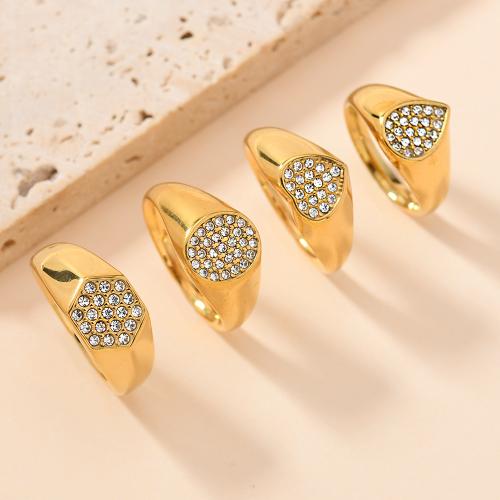 Rhinestone нержавеющей стали палец кольцо, Нержавеющая сталь 304, Другое покрытие, разный размер для выбора & разные стили для выбора & Женский & со стразами, Золотой, продается PC